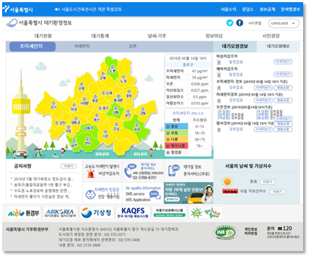 서울시 대기환경정보 초기화면