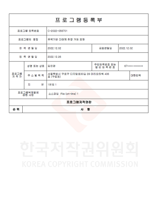 유역기반 다매체 환경 거동 모형 프로그램 등록증